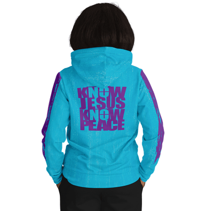 Know/No Jesus-Peace Hoodie - Turquoise and Purple - Sacred Stylz