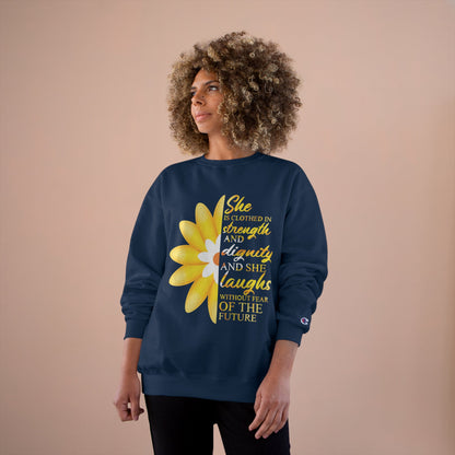 She is Clothed in Strength - Champion Sweatshirt - Sacred Stylz