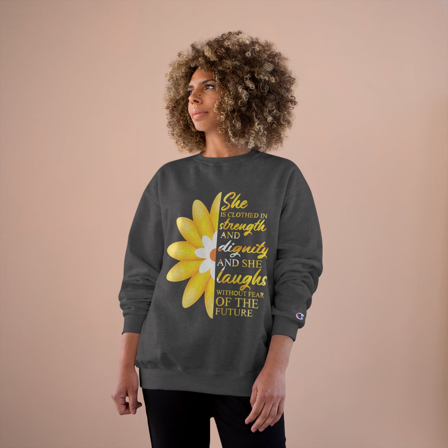 She is Clothed in Strength - Champion Sweatshirt - Sacred Stylz