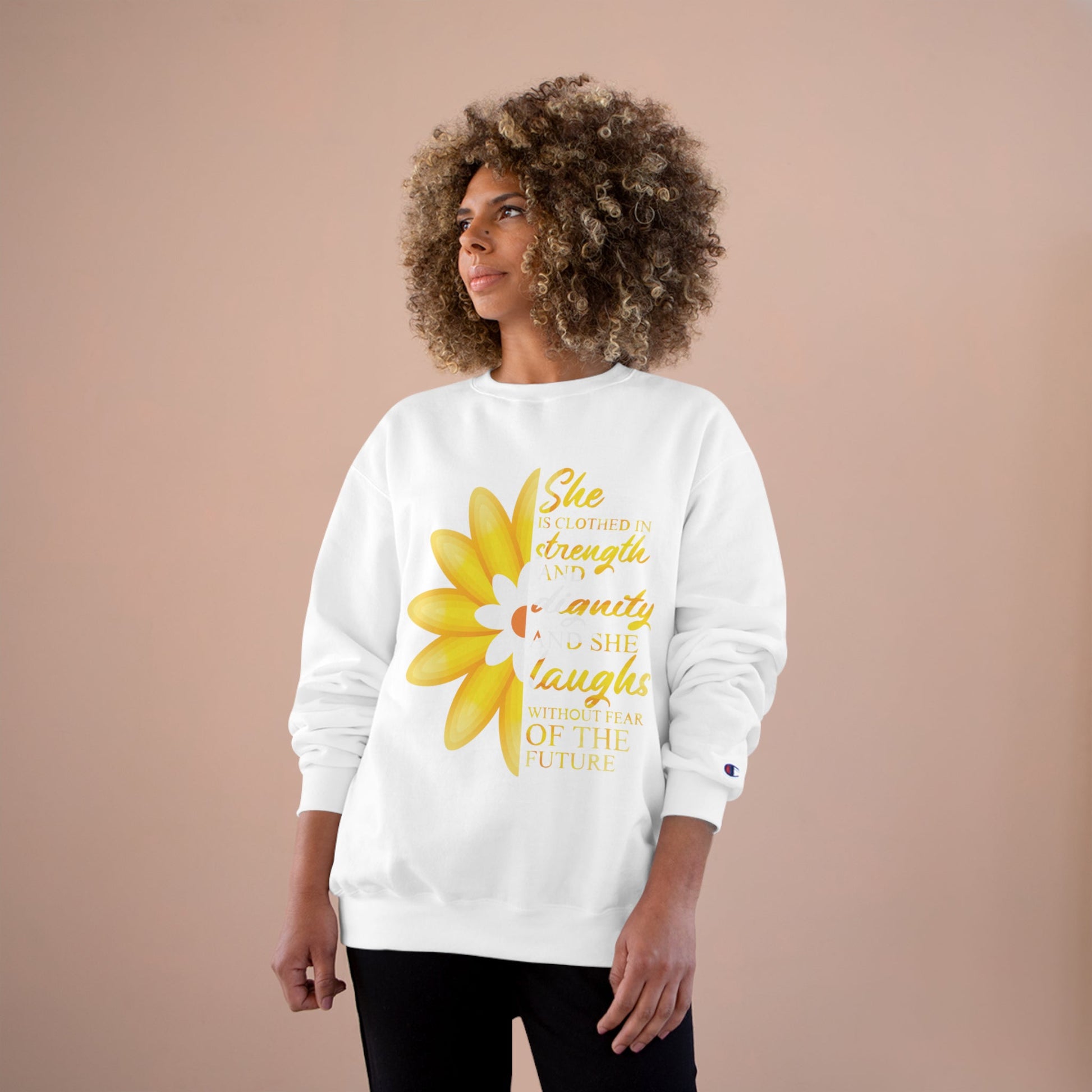 She is Clothed in Strength - Champion Sweatshirt - Sacred Stylz