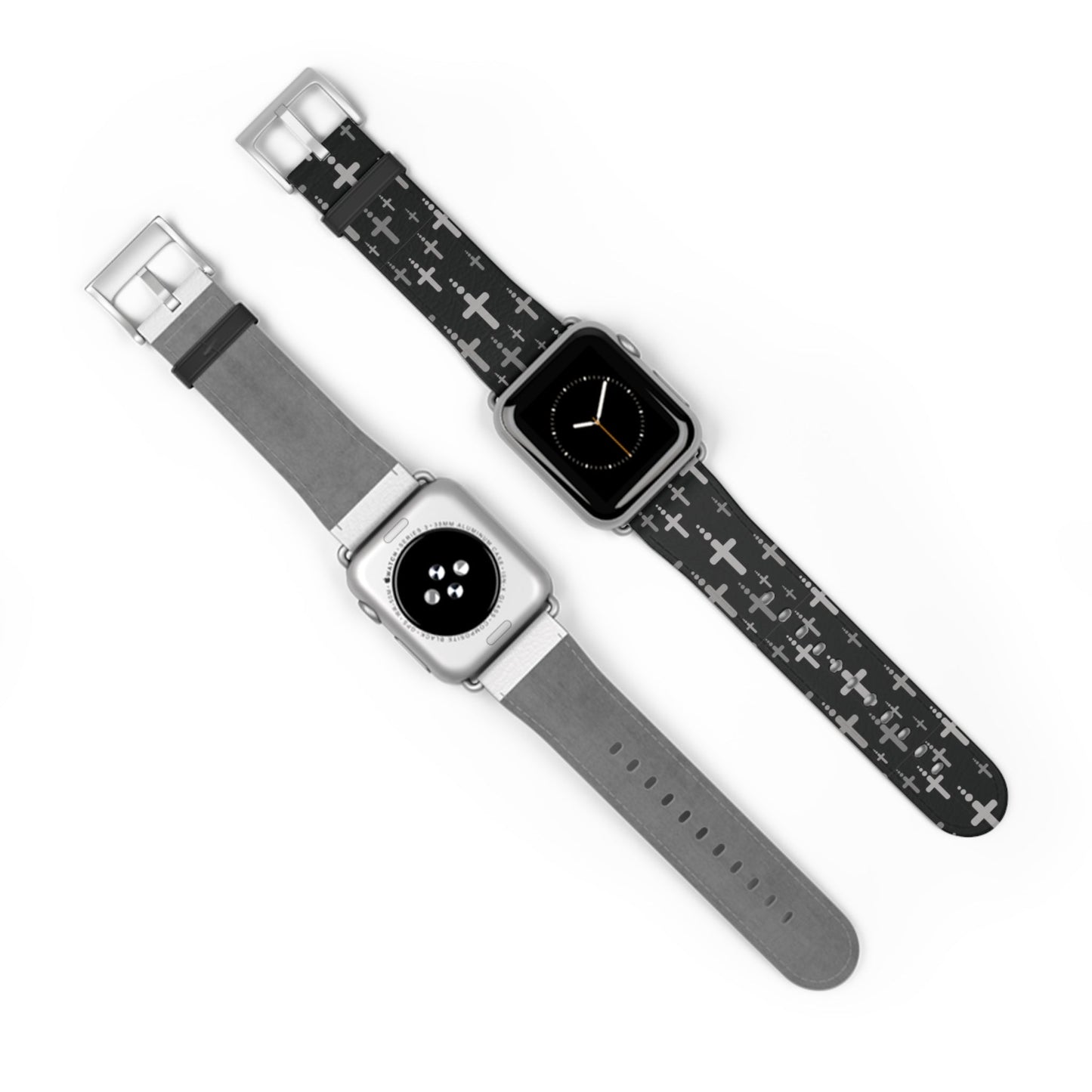 Watch Band for Apple Watch- Silver Crosses/Black Faux Leather - Sacred Stylz