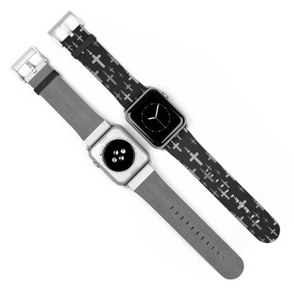 Watch Band for Apple Watch- Silver Crosses/Black Faux Leather - Sacred Stylz