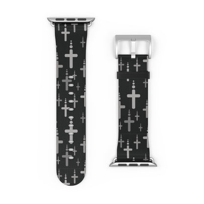 Watch Band for Apple Watch- Silver Crosses/Black Faux Leather - Sacred Stylz