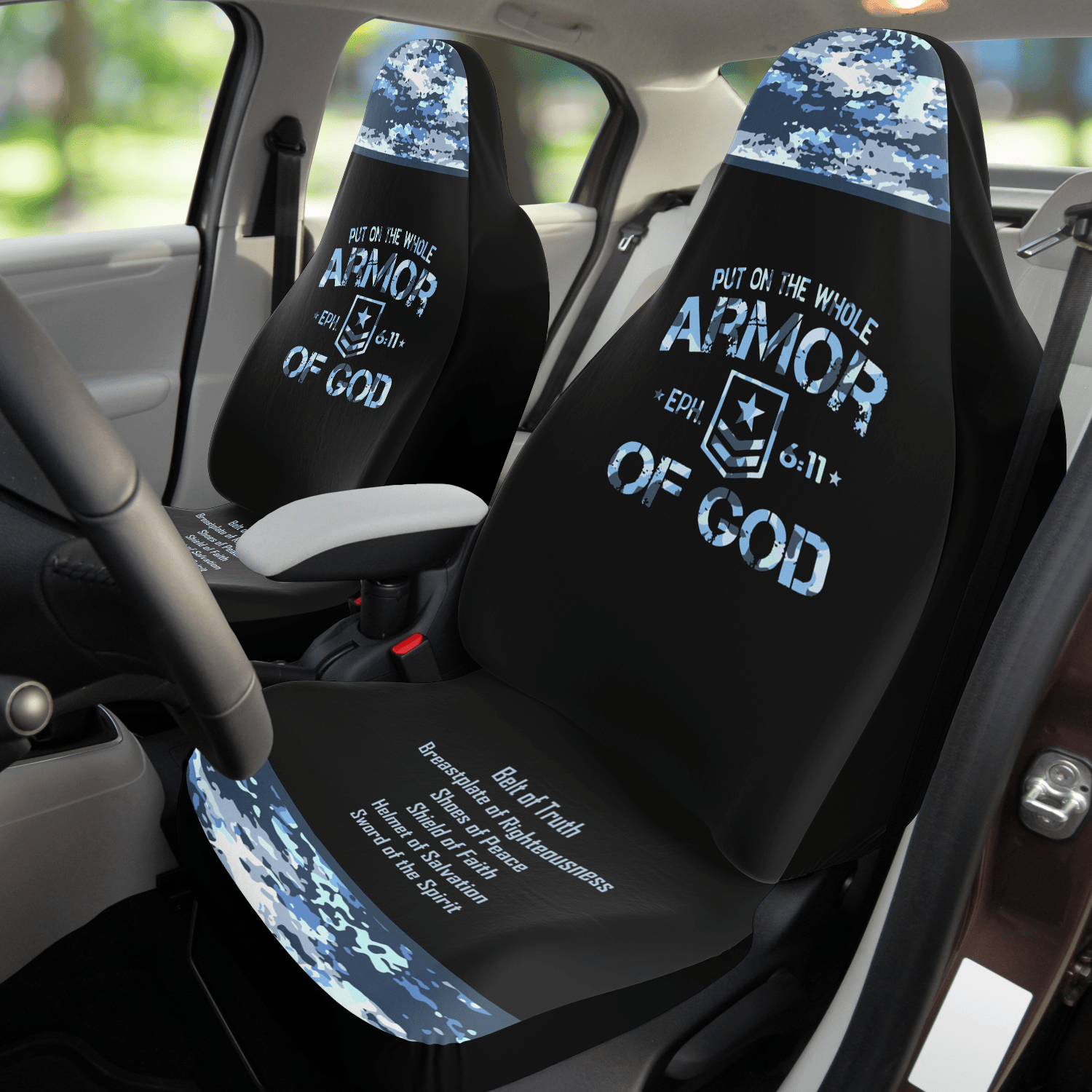 Armor of God Blue Camo Car Seat Covers - Divine Protection in Every Journey - Sacred Stylz