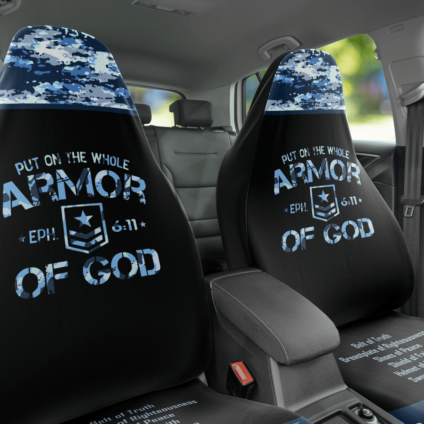 Armor of God Blue Camo Car Seat Covers - Divine Protection in Every Journey - Sacred Stylz