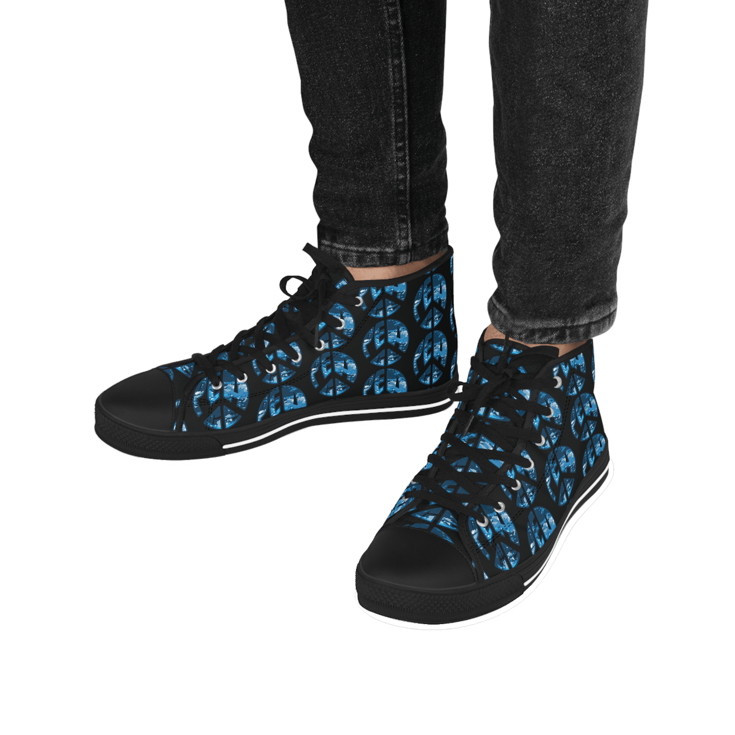 Shoes of Peace - Men's High Top Sneakers (Blue Camo Peace Design) - Sacred Stylz