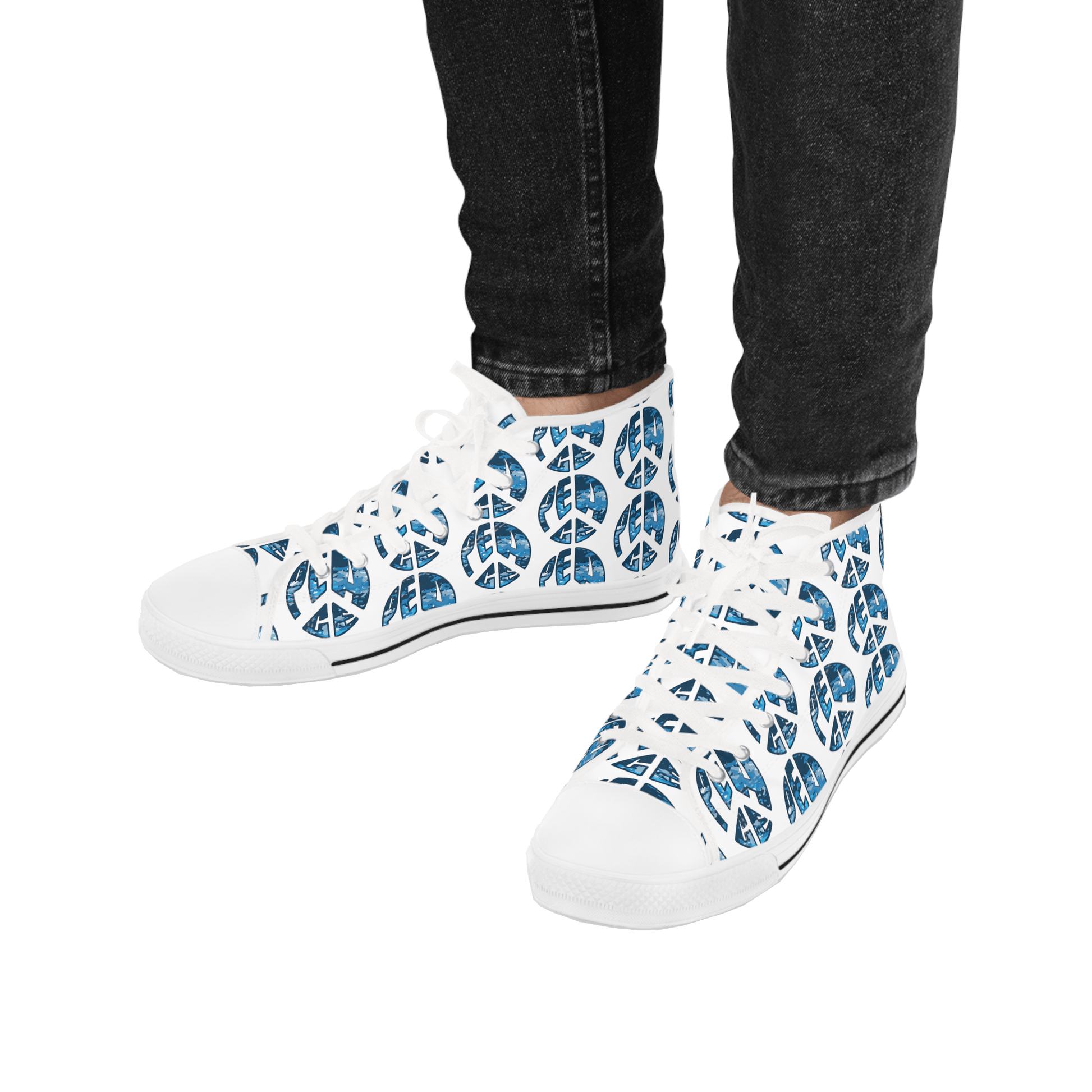 Shoes of Peace - Men's High Top Sneakers (Blue Camo Peace Design) - Sacred Stylz