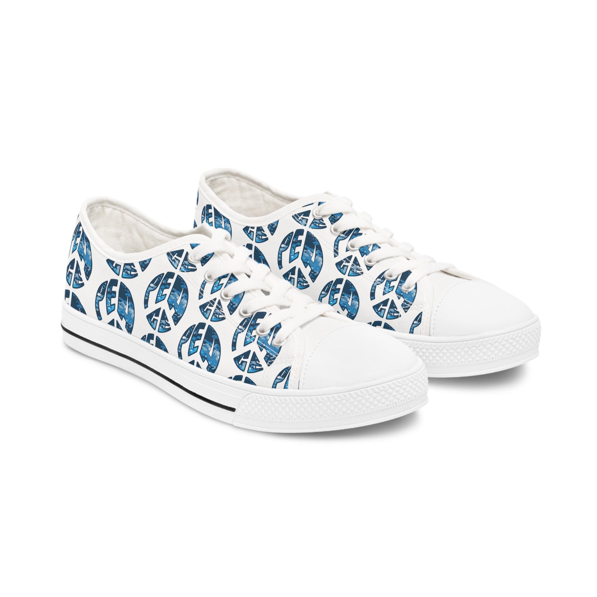 Shoes of Peace - Women's Low Top Sneakers (Blue Camo Peace Design) - Sacred Stylz