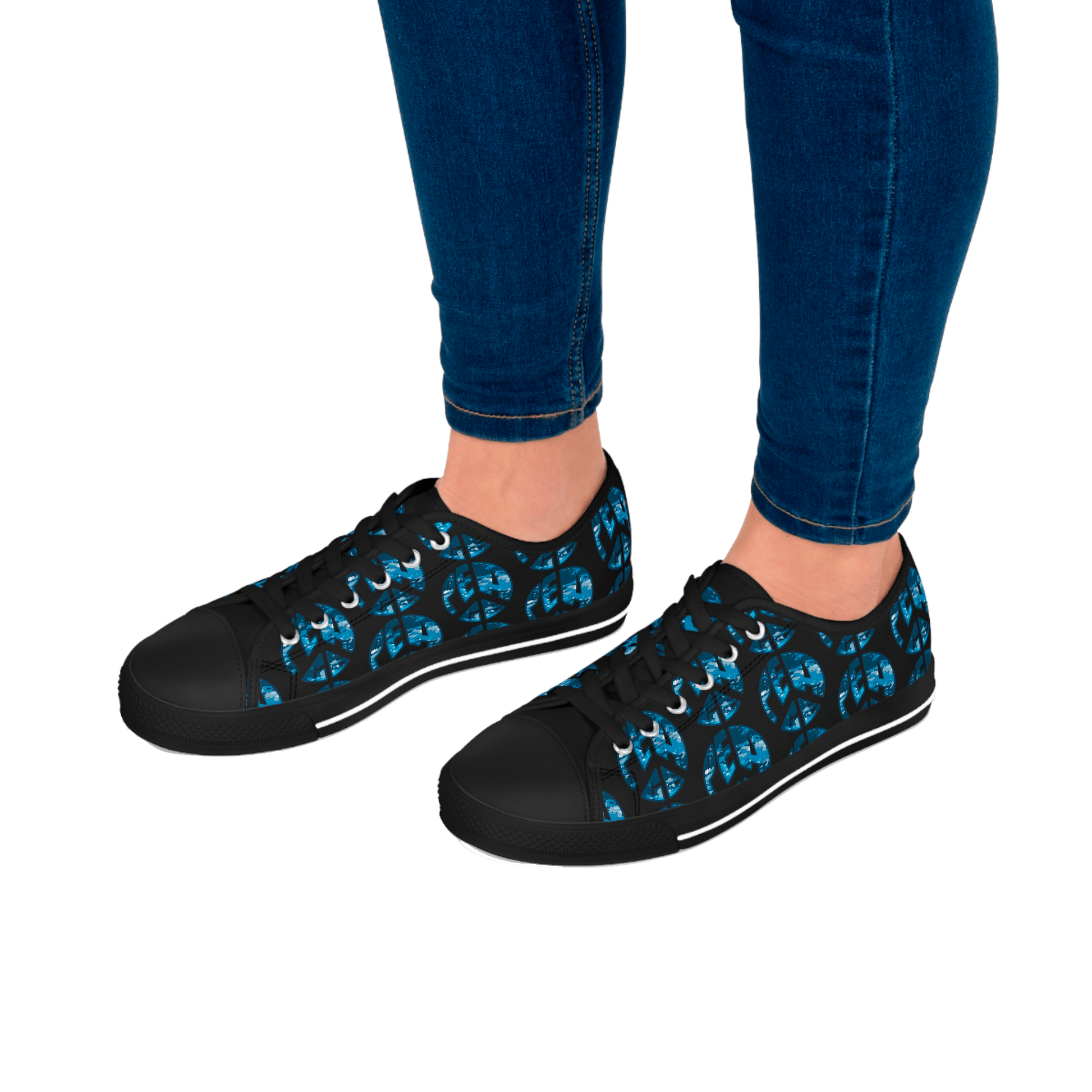 Shoes of Peace - Women's Low Top Sneakers (Blue Camo Peace Design) - Sacred Stylz