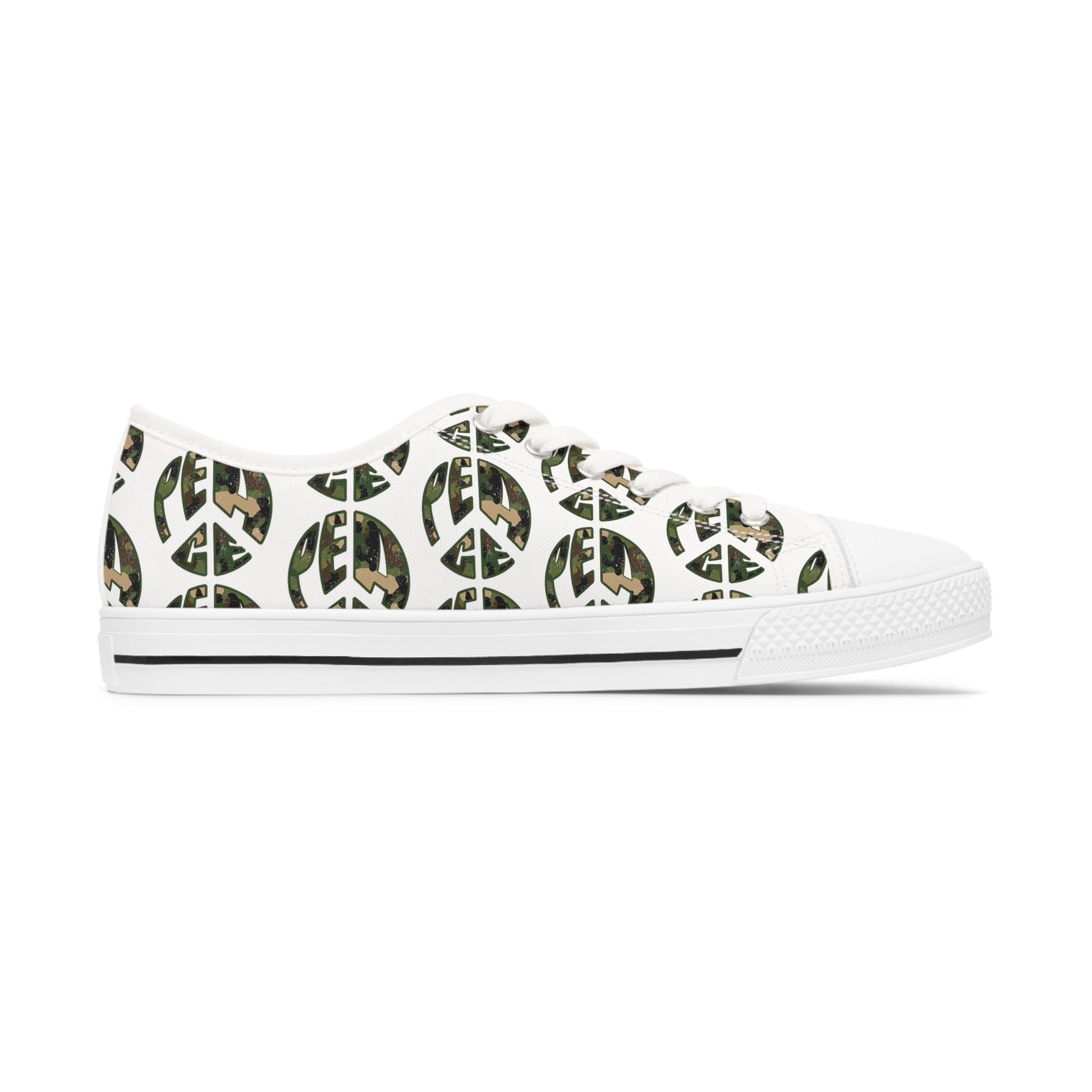 Shoes of Peace - Women's Low Top Sneakers (Green Camo Peace Design) - Sacred Stylz