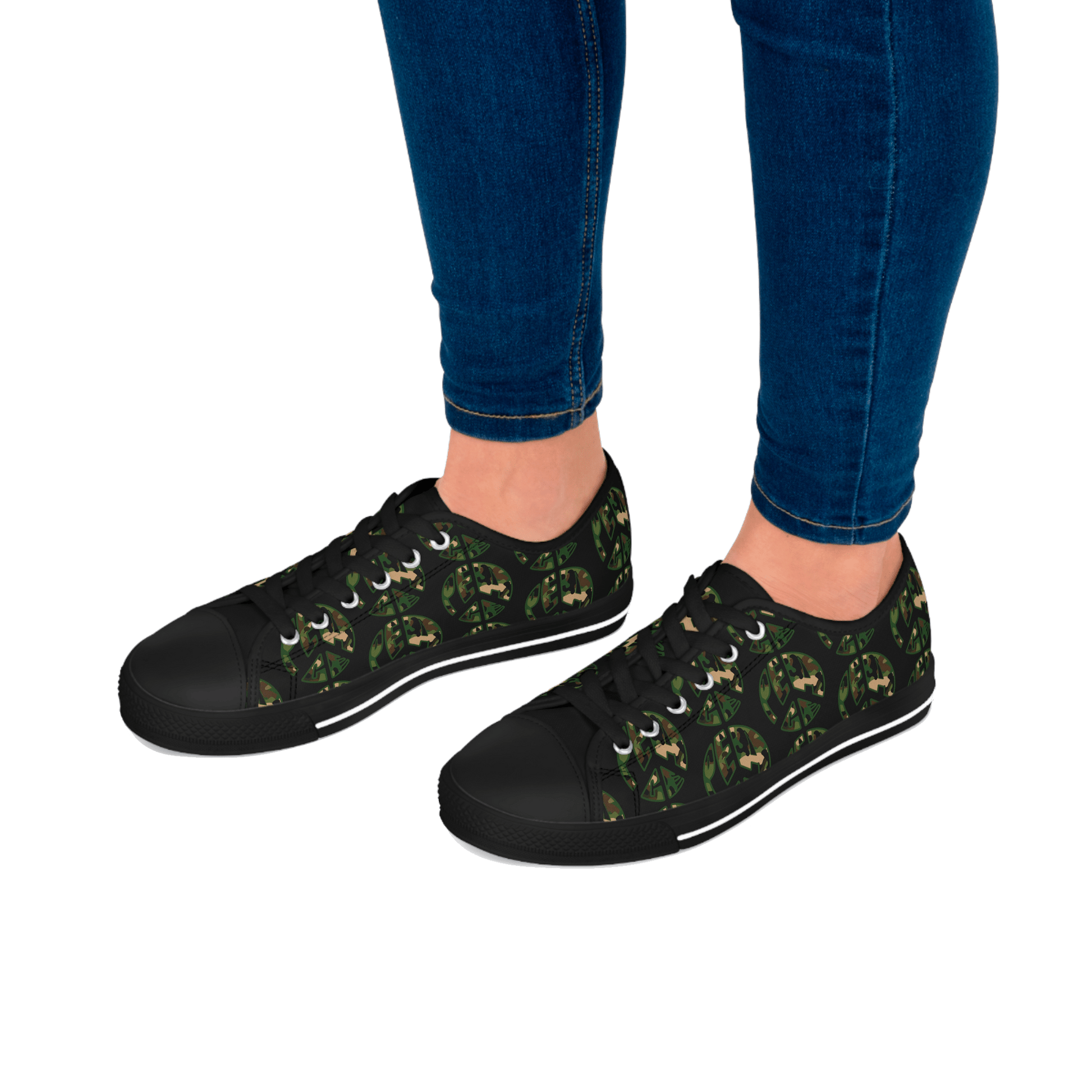 Shoes of Peace - Women's Low Top Sneakers (Green Camo Peace Design) - Sacred Stylz