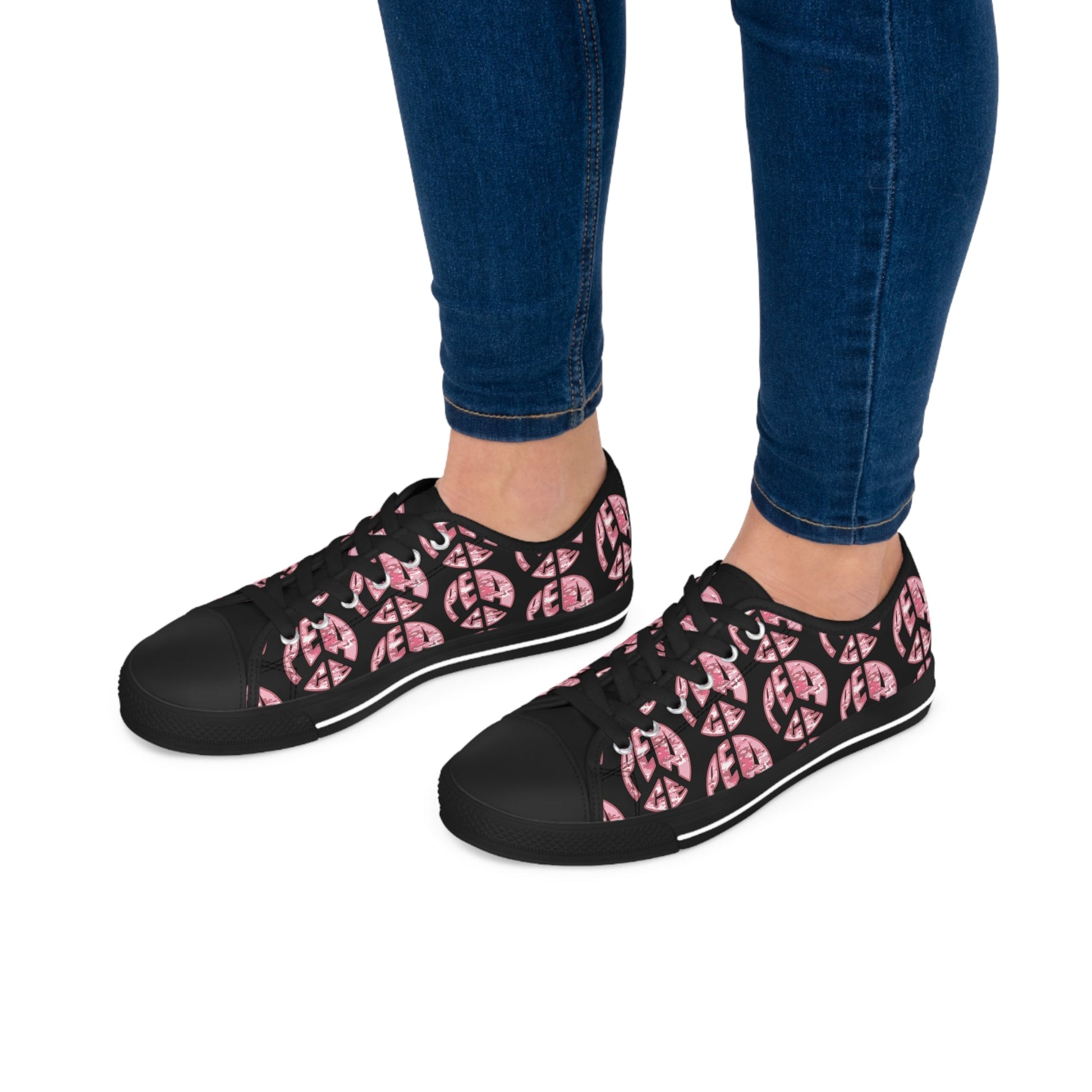 Shoes of Peace - Women's Low Top Sneakers (Pink Camo Peace Design) - Sacred Stylz