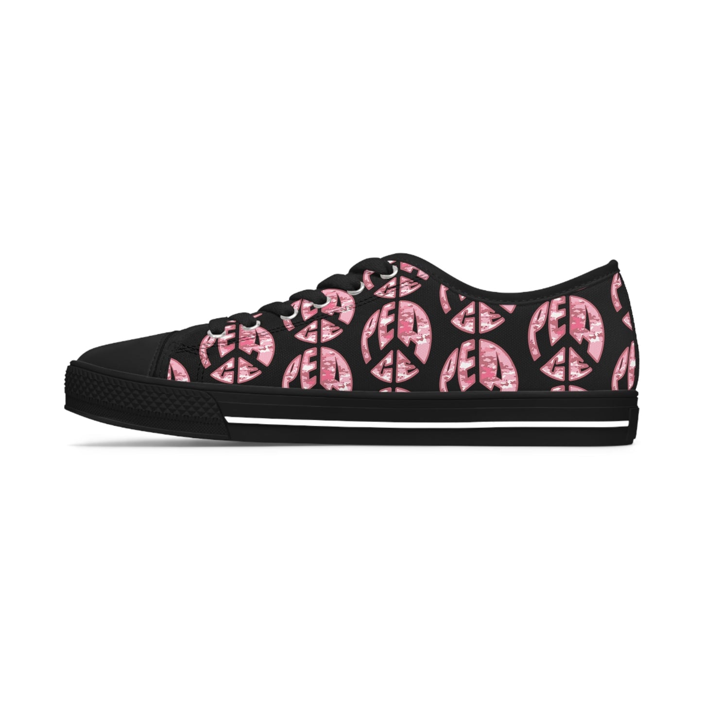 Shoes of Peace - Women's Low Top Sneakers (Pink Camo Peace Design) - Sacred Stylz